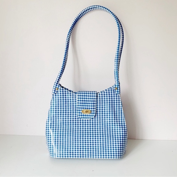 ⭐️SOLD⭐️ large patent white and blue gingham shoulder bag - Picture 2 of 10